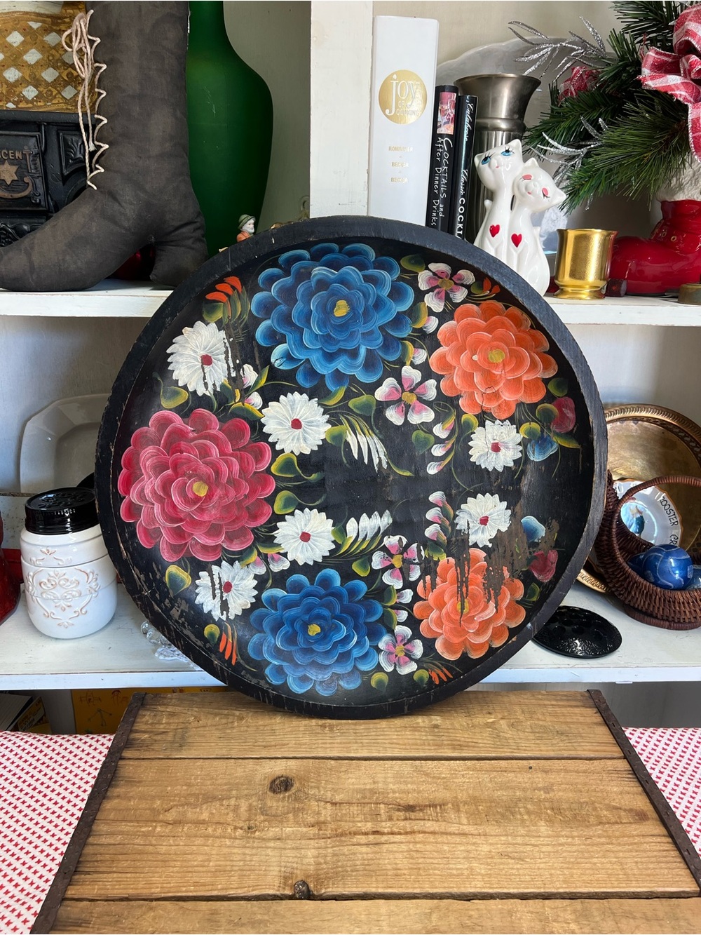 Wood handpainted flowers bowl tray large decor boho